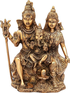 Natural brass Shiva family idol, 11 inches, seated figures with raised blessing hands