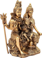 Natural brass Shiva Parivar idol with three seated figures, decorative jewelry details