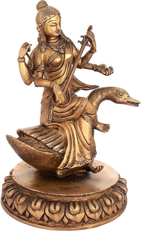 Goddess Saraswati Brass Idol | Handmade 13 inches