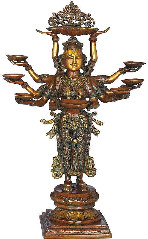 Brass Ten-Armed Auspicious Deepalakshmi Statue with Each Hand Holding a Lamp (Height: 28 Inches)