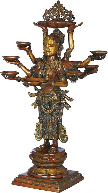 Brass Ten-Armed Auspicious Deepalakshmi Statue with Each Hand Holding a Lamp (Height: 28 Inches)
