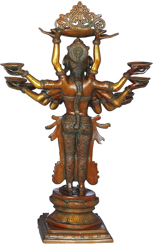 Brass Ten-Armed Auspicious Deepalakshmi Statue with Each Hand Holding a Lamp (Height: 28 Inches)