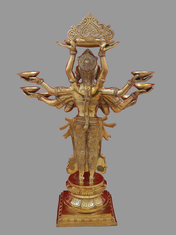 Brass Ten-Armed Auspicious Deepalakshmi Statue with Each Hand Holding a Lamp (Height: 28 Inches)