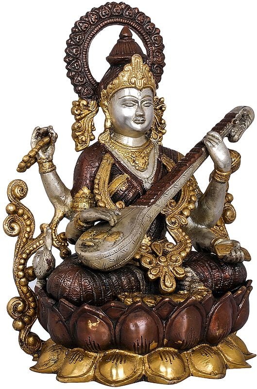 Handmade Kamalasana Goddess Saraswati in Brass 12 inches Entryway Setting