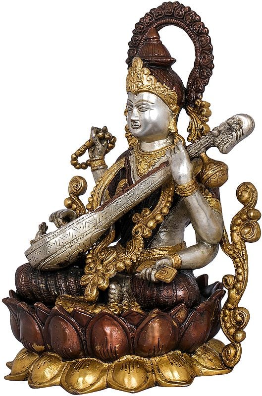 Handmade Kamalasana Goddess Saraswati in Brass 12 inches