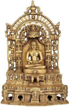 Brass Jain Tirthankara sculpture, seated Tirthankara with ornate halo and tiered base
