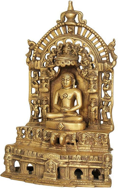 AONA brass Jain Tirthankara sculpture, standing arch attendants around seated figure