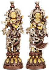 Brass Radha-Krishna idol, ornate jewelry and arms, 20 inch height, front view