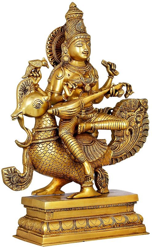 Handmade Gold Brass Statue of Enchanting Devi Saraswati Seated on Her Peacock 19 Inches