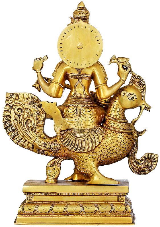 Handmade Gold Brass Statue of Enchanting Devi Saraswati Seated on Her Peacock 19 Inches Study Setting