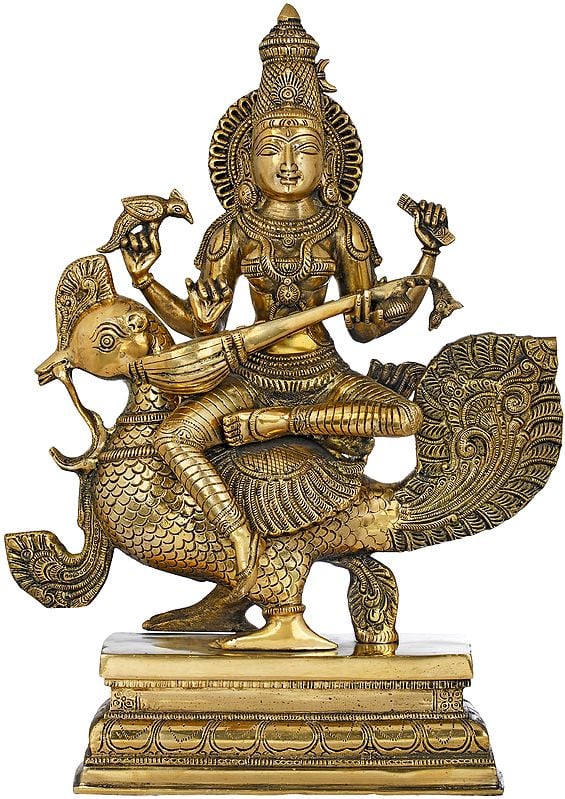 Handmade Polish Brass Statue of Enchanting Devi Saraswati Seated on Her Peacock 19 Inches