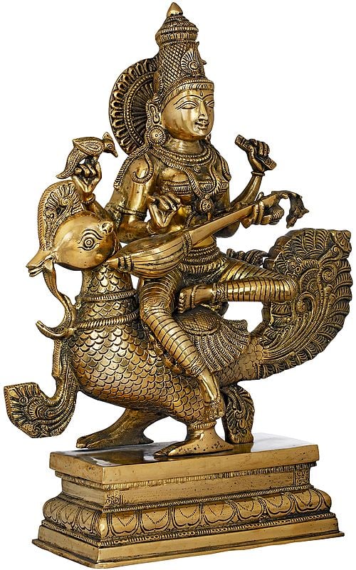 Handmade Polish Brass Statue of Enchanting Devi Saraswati Seated on Her Peacock 19 Inches