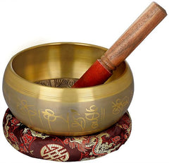 Messing-Tibetische Klangschale mit Holzschlägel, geprägte Symbole am Rand, 8 cm hoch