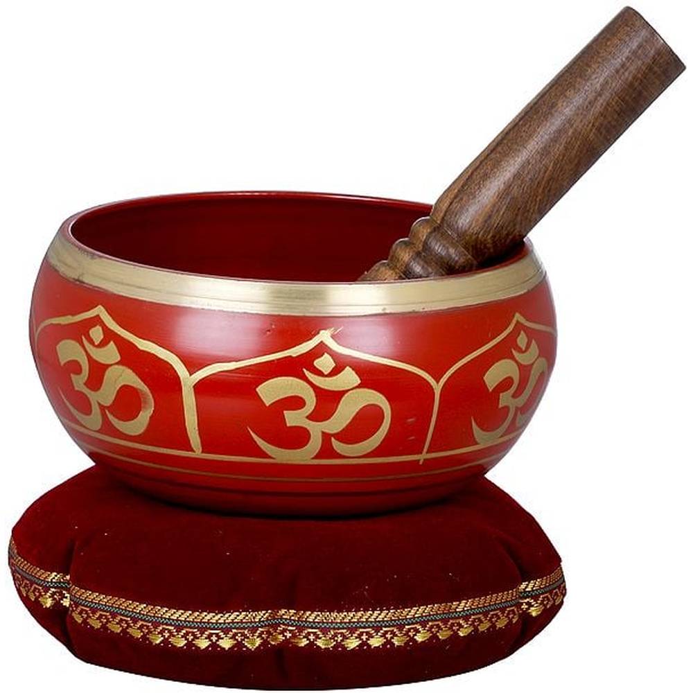 Brass tibetan singing bowl, 8 cm, red with gold OM marks and wooden mallet