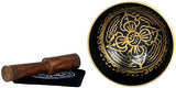 Front view of brass Tibetan sound bowl with gold Vishwa Vajra motif and mallet