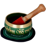 Brass Tibetan singing bowl, green OM pattern, 4.5 cm high; with wooden mallet