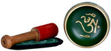 Brass singing bowl with green finish and golden OM symbol; wooden mallet