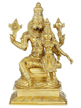 Brass Narasimha with Lakshmi figurine, 15 in, seated with four arms and ornate crown.