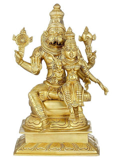 Brass Narasimha with Lakshmi figurine, 15 in, seated with four arms and ornate crown.