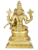 Brass Narasimha with Lakshmi figurine, 15 in, back view with patterned backplate and halo.