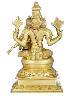 Brass Narasimha with Lakshmi figurine, 15 in, back view with patterned backplate and halo.