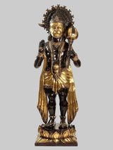 Brass Hanuman blessing sculpture, golden and dark patina, raised hands, standing on base
