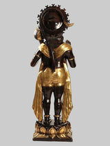 Brass Hanuman back-facing sculpture with crown, gold sash, dark body, hands at sides