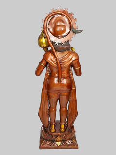 Hanuman blessing statue rear view, reddish robe and golden crown, carved back