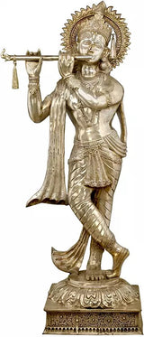 Brass Lord Murli Krishna standing idol, crown halo and flute held in raised left hand