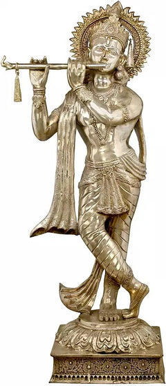 Brass Lord Murli Krishna standing idol, crown halo and flute held in raised left hand