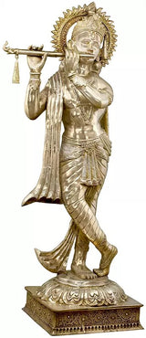 Brass Murli Krishna idol in dancing pose, long scarf drape over shoulder, detailed base