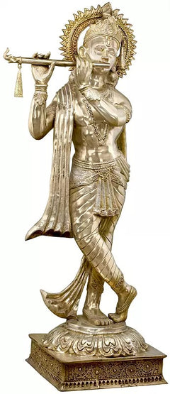 Brass Murli Krishna idol in dancing pose, long scarf drape over shoulder, detailed base