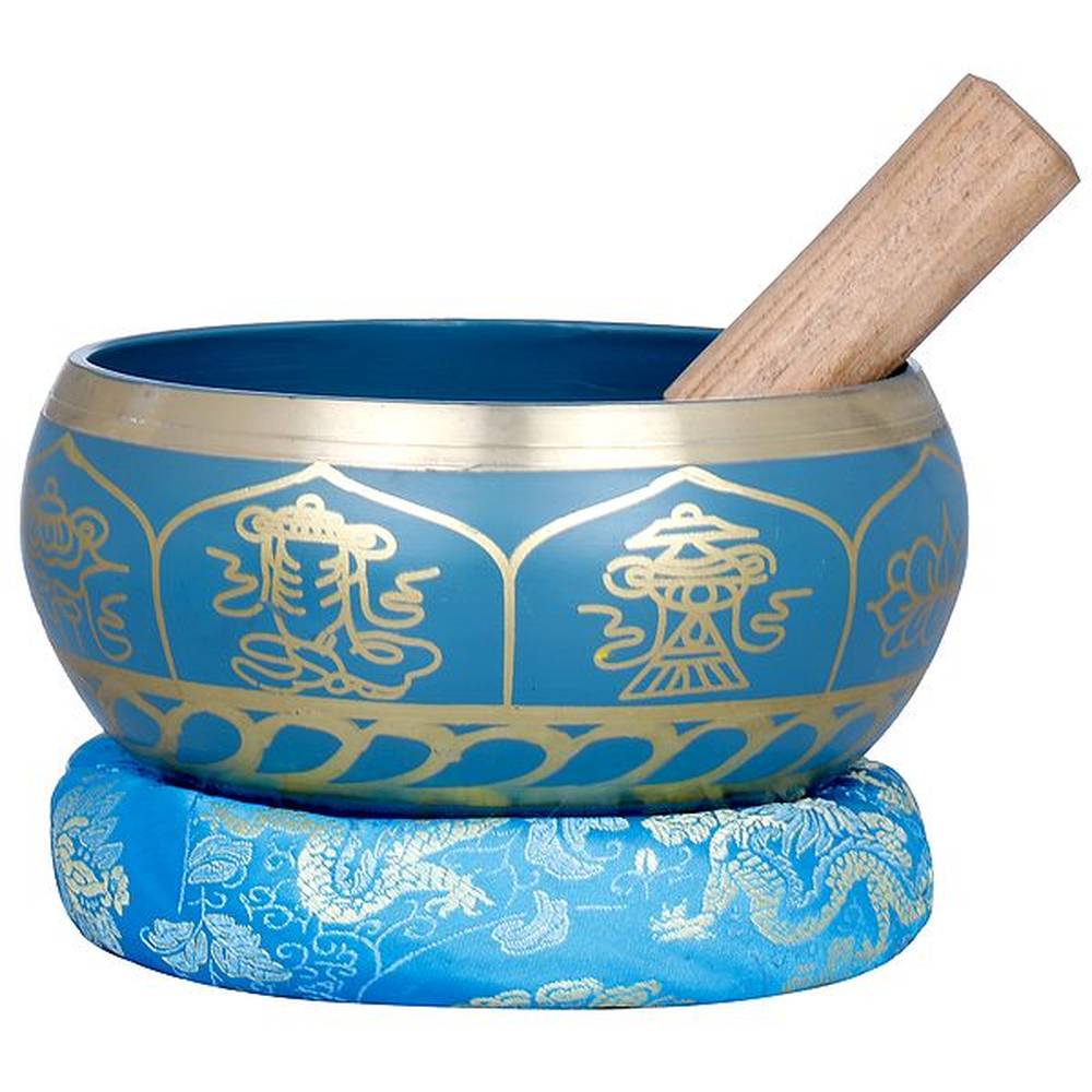 Brass Tibetan singing bowl, blue with gold motifs and wooden mallet; 8 cm