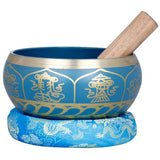 Brass Tibetan singing bowl, blue with gold motifs and wooden mallet; 8 cm