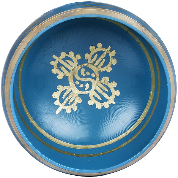 Brass Tibetan Buddhist Double Dorje and Ashtamangla Singing Bowl (Height: 8 cm) Entryway Setting