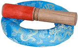 Blue singing bowl with gold patterns, wooden mallet with red end; 8 cm height