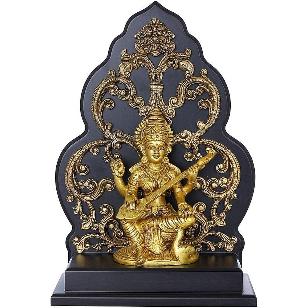 Brass Goddess Saraswati Statue Seated on a Kirtimukha Chowki 12 inches