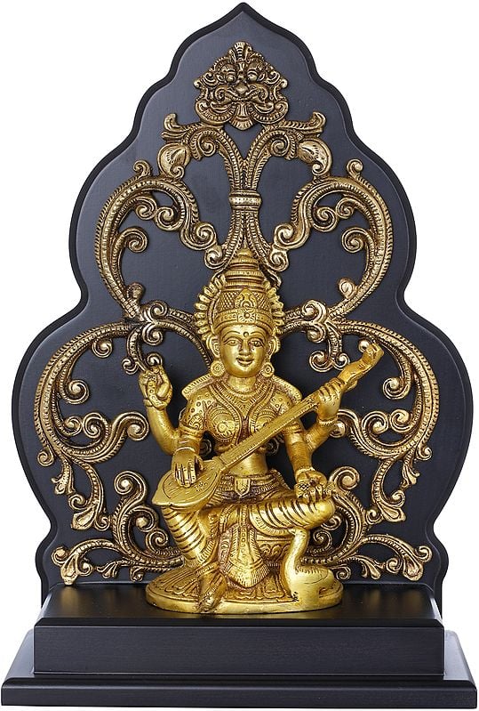 Brass Goddess Saraswati Statue Seated on a Kirtimukha Chowki 12 inches