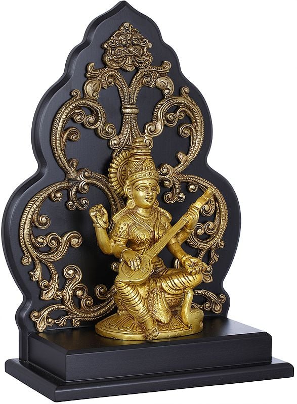 Brass Goddess Saraswati Statue Seated on a Kirtimukha Chowki 12 inches