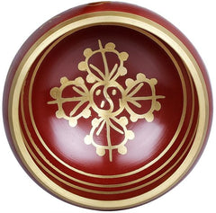 Red singing bowl top with gold lotus/ornament design and concentric rings