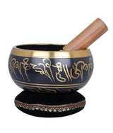 Brass Tibetan OM singing bowl with wooden mallet and black cushion
