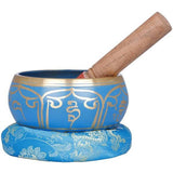 Blue Tibetan singing bowl with OM MANI PADME HUM design and wooden striker