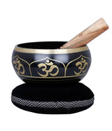 Brass OM singing bowl (6 in) with wooden mallet and black cushion