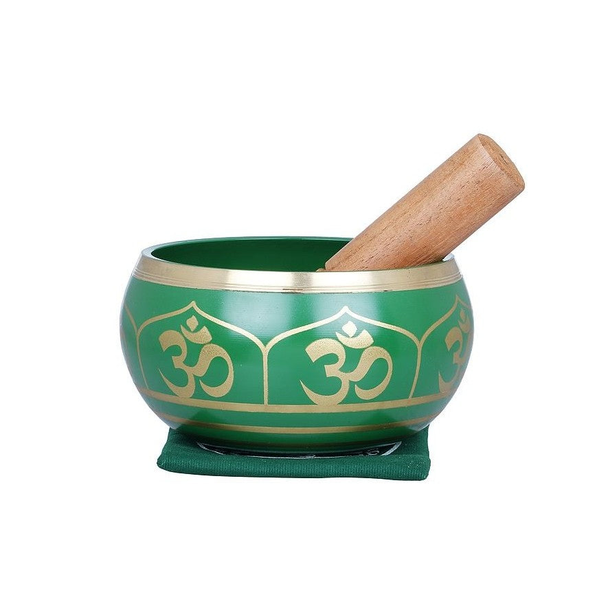 Green Tibetan singing bowl with gold OM symbol and wooden mallet on base