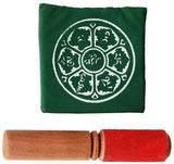 Green pouch with white OM emblem and wooden singing bowl mallet with red tip