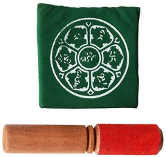 Green pouch with white OM emblem and wooden singing bowl mallet with red tip