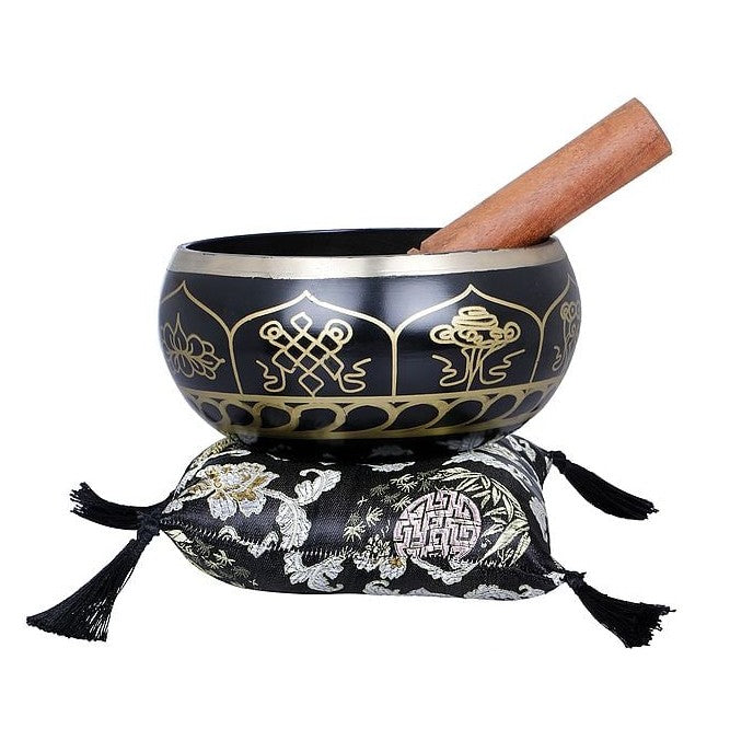 Black Tibetan singing bowl with wooden striker and black patterned pouch