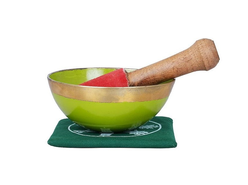 Green singing bowl with wooden mallet and red striker pad