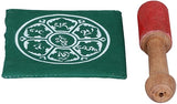 Green cloth with white lotus mandala design and wooden mallet