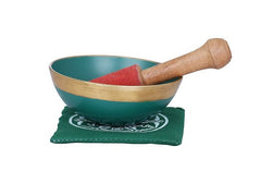 Brass Tibetan Buddhist singing bowl (4 cm) with wooden mallet and green lotus cushion